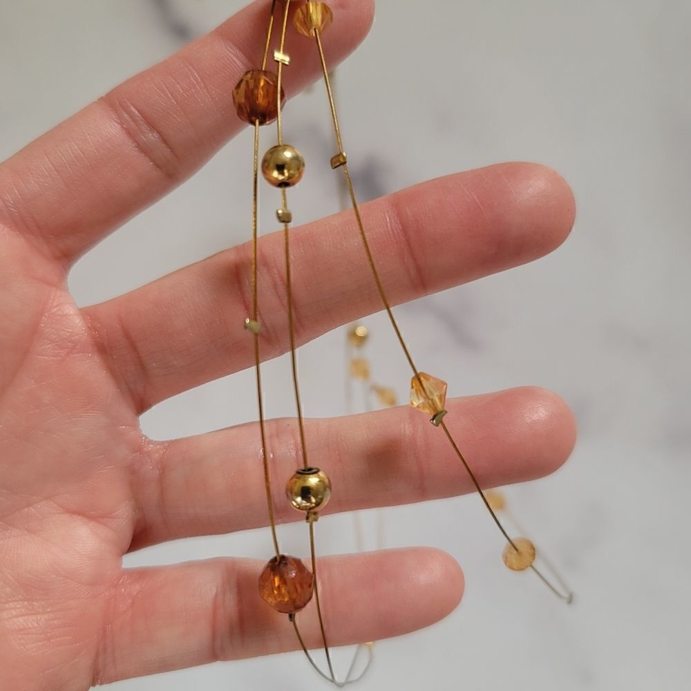Y2k amber honey beaded triple strand metal necklace high neck dainty